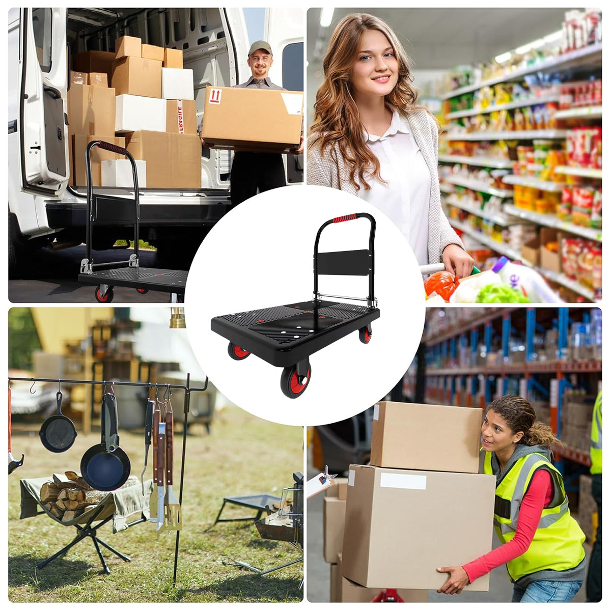 Folding Handle Flatbed Cart Heavy-Duty 275kg Capacity for Warehouse