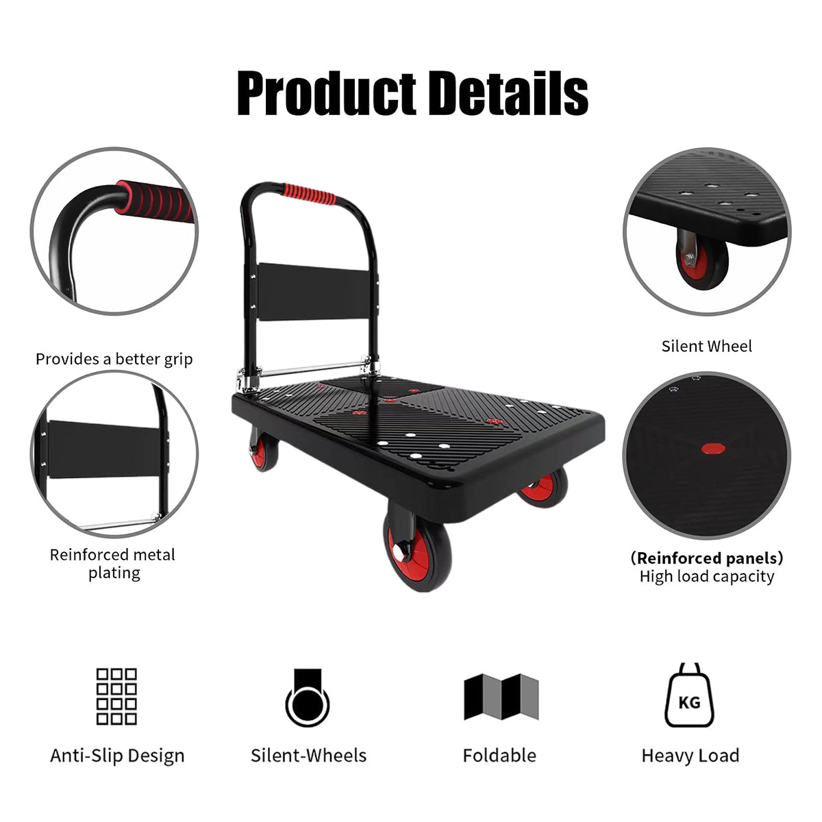Folding Handle Flatbed Cart Heavy-Duty 275kg Capacity for Warehouse