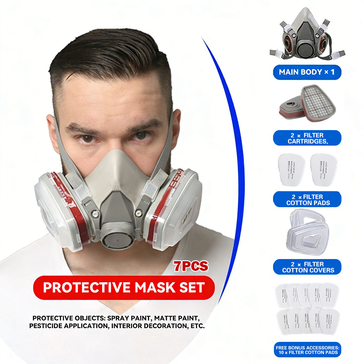 7PCS Respirator Mask Set Dual Filter Dust Protection Spray Paint