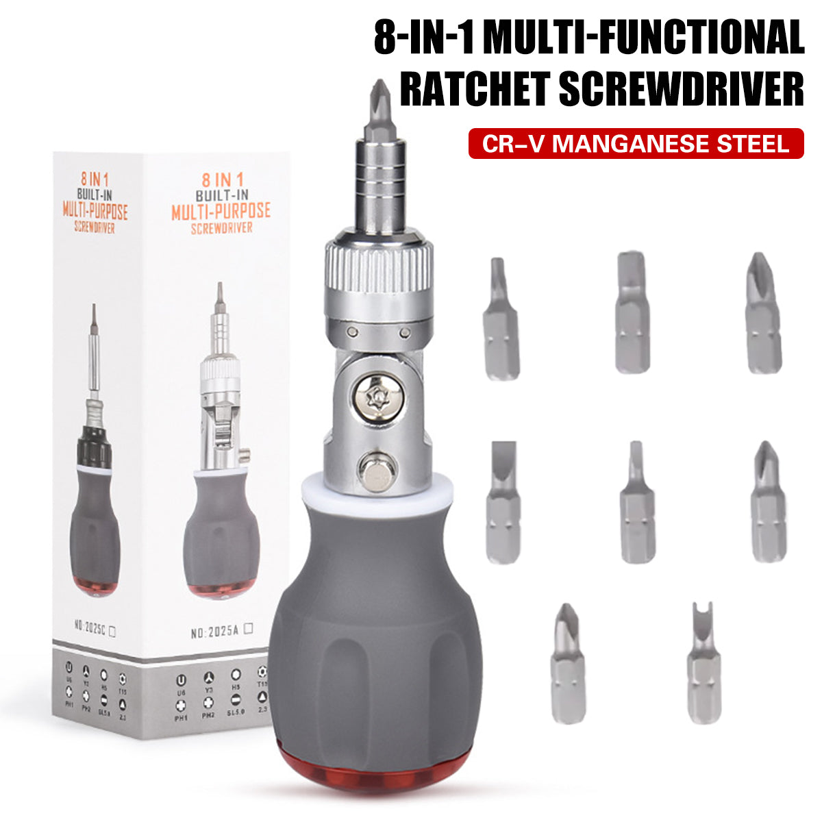 8-in-1 Multi-Angle Ratchet Screwdriver with CR-V Steel Bits