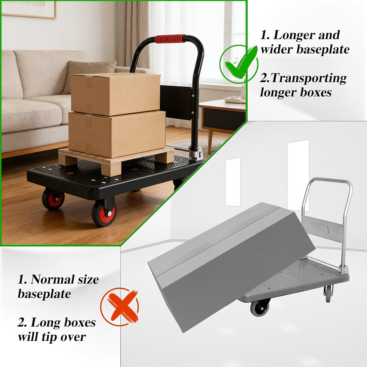 Folding Handle Flatbed Cart Heavy-Duty 275kg Capacity for Warehouse