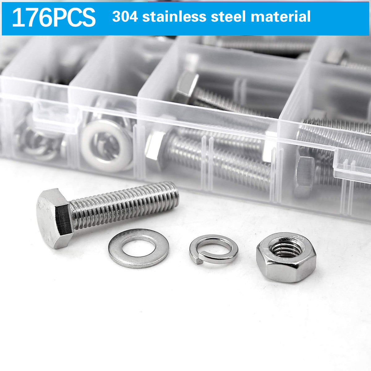 176PCS Stainless Steel Nut Bolt Assortment Kit for Car Home DIY