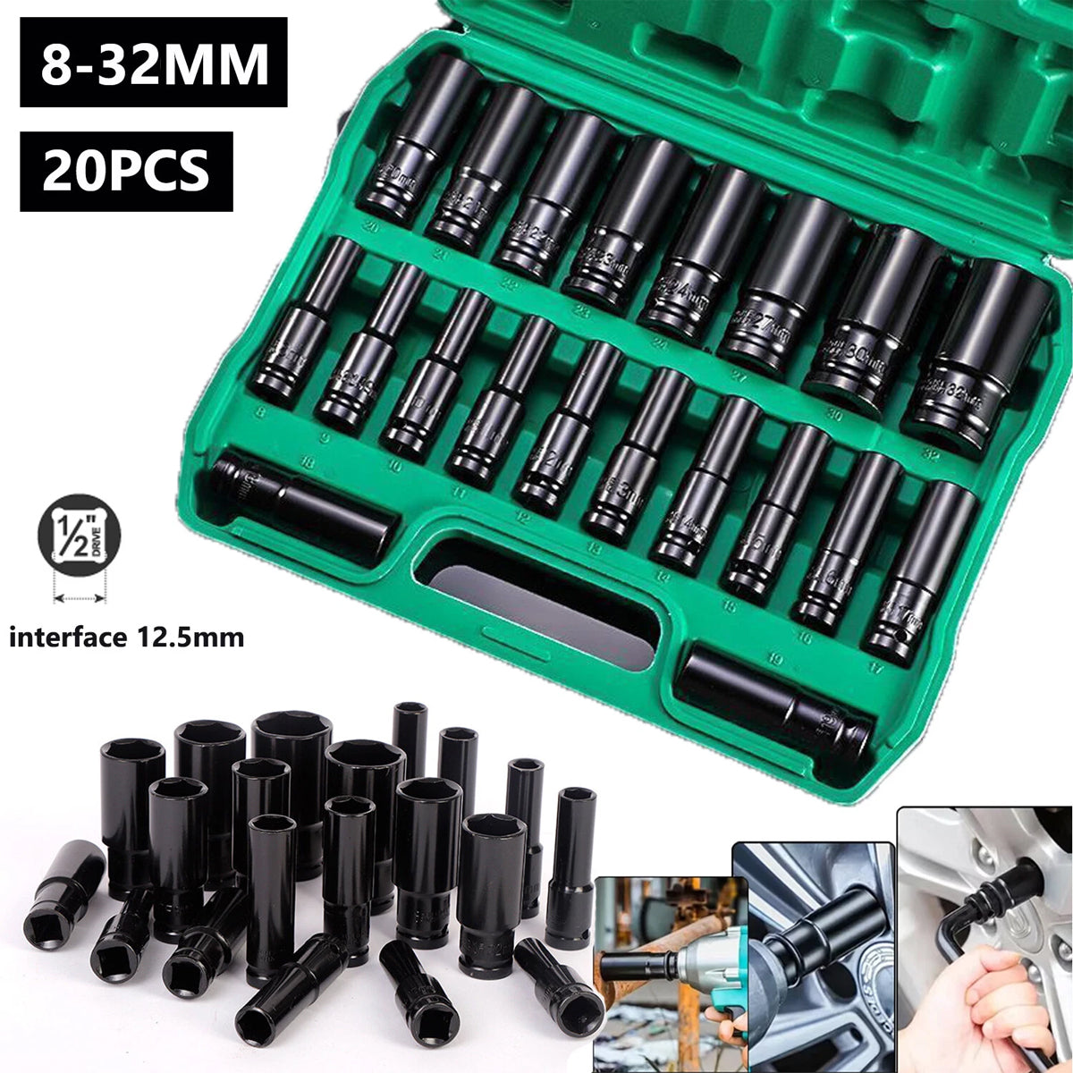 20-Piece 1/2-In Drive Socket Set 8–32 mm with Storage Case