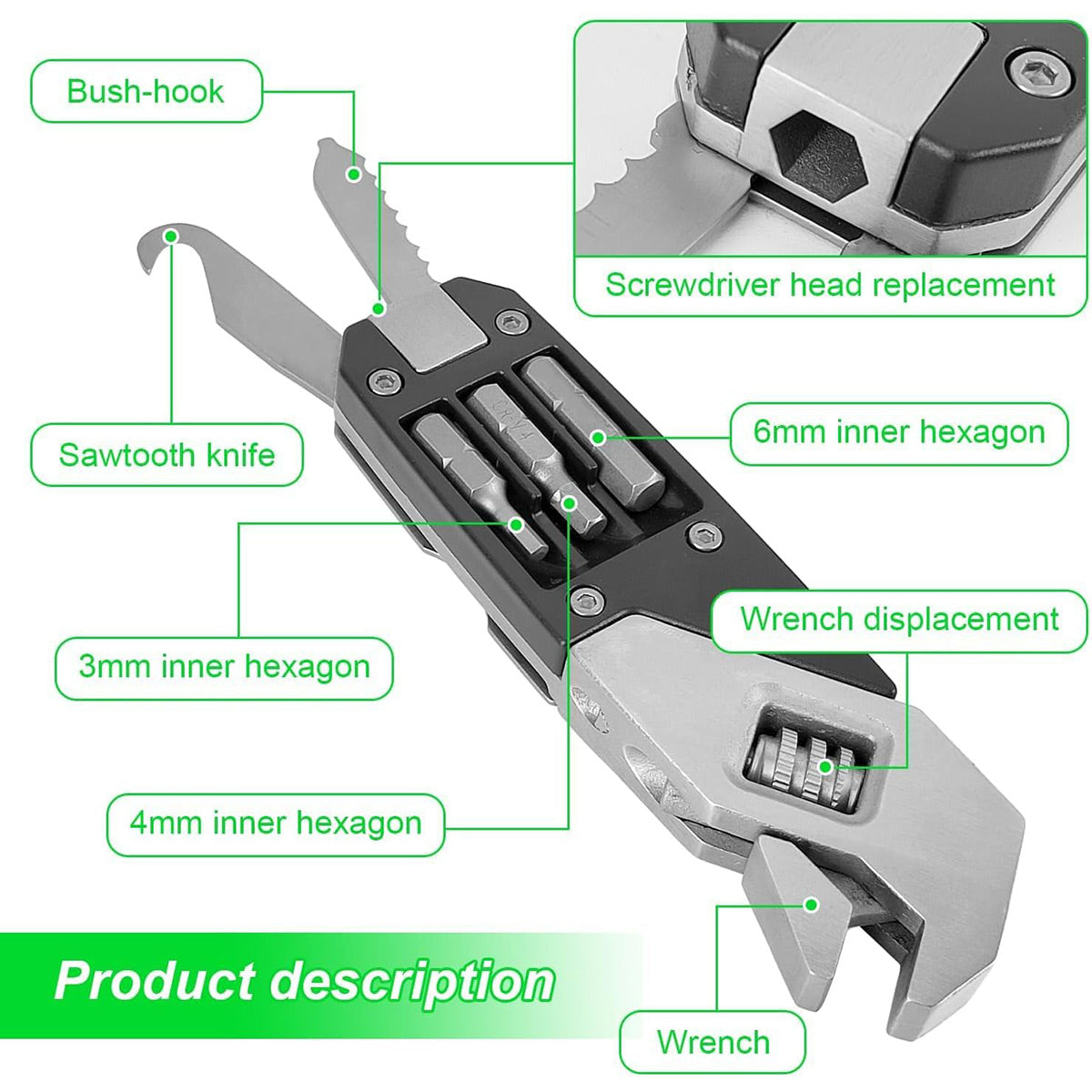Stainless Steel Adjustable Folding Multi-Tool Wrench with Bits