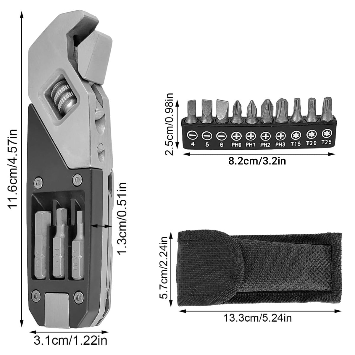Stainless Steel Adjustable Folding Multi-Tool Wrench with Bits