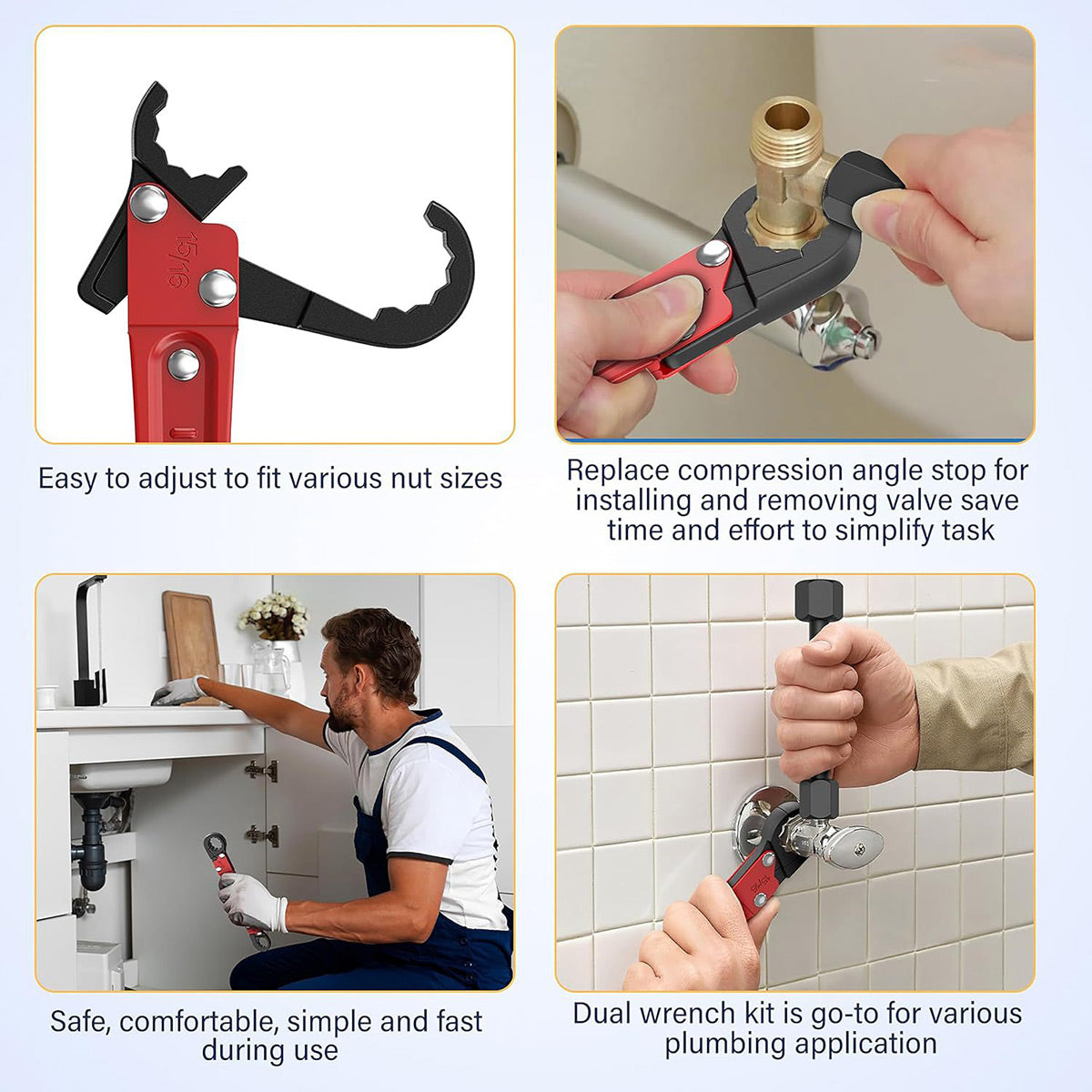 Water Pipe Repair Wrench Set with Double-Ended Faucet Wrench and Angle-Stop Extension