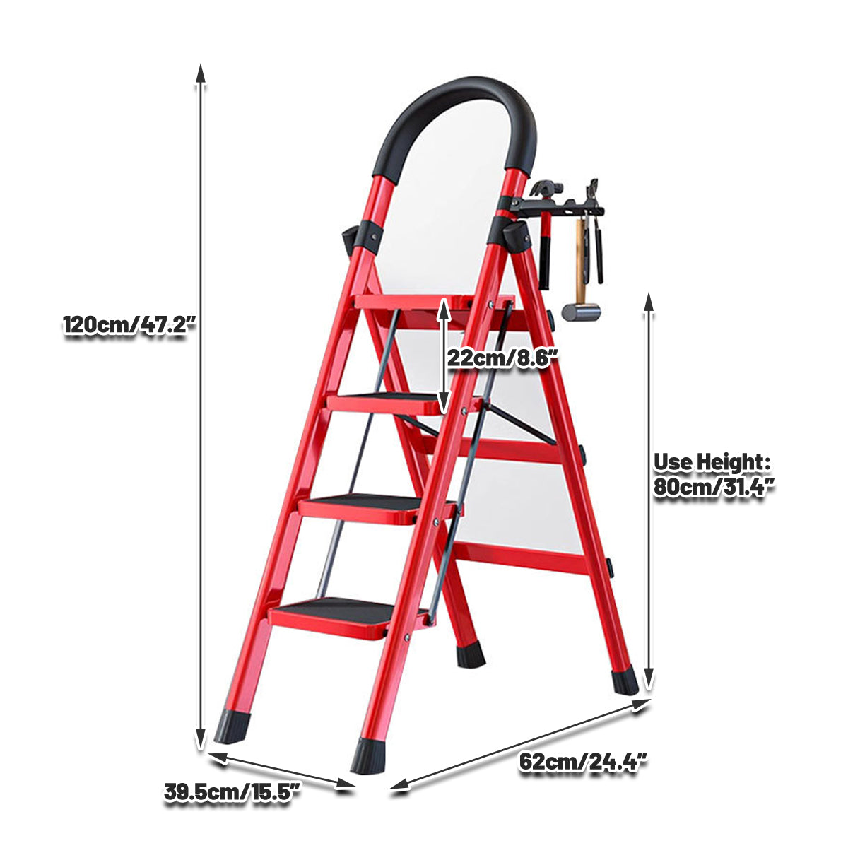 4 Step Folding Carbon Steel Heavy Duty Ladder with Tool Rack