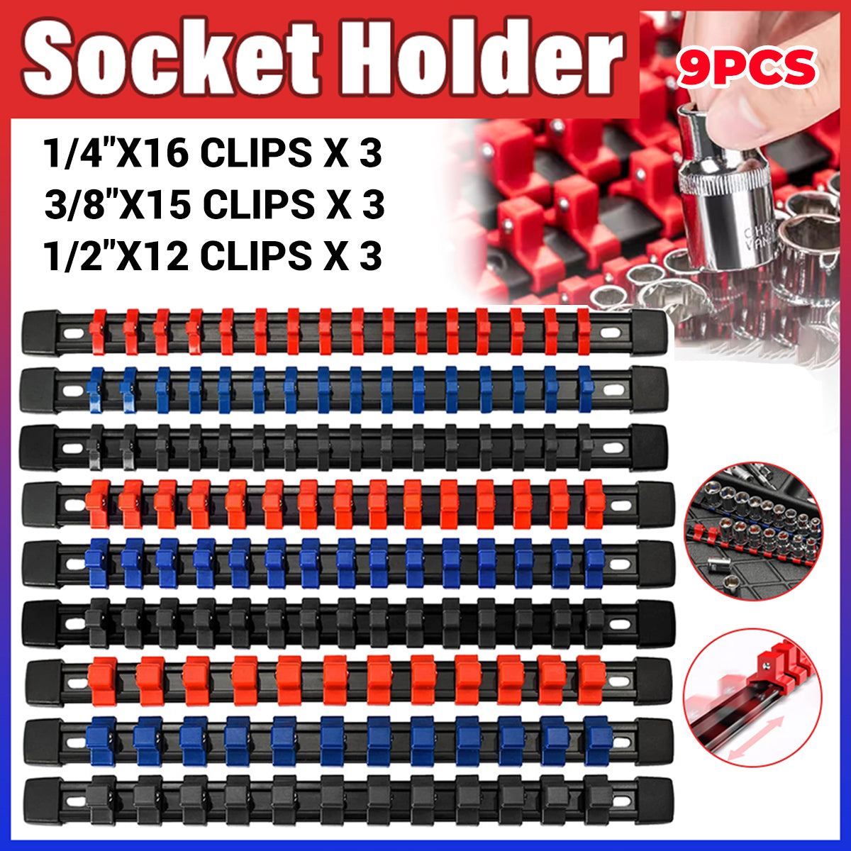 9PCS Socket Holder Rail Organizer 1/4 3/8 1/2 Inch Storage Rack