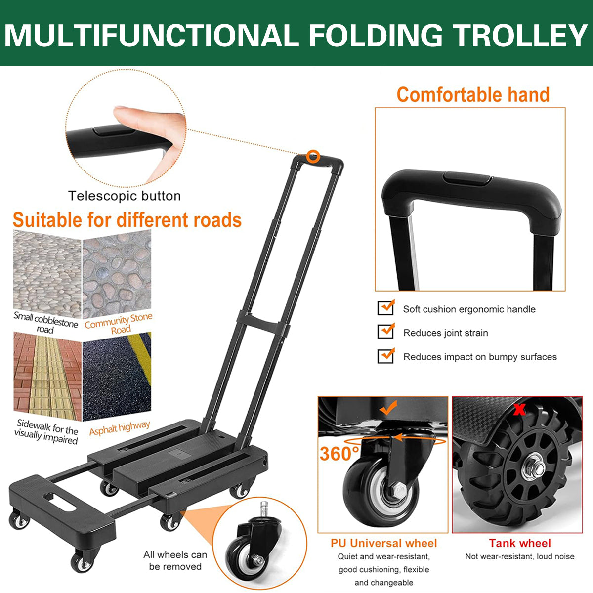 Foldable Flatbed Trolley Cart with Pull Rod and Universal Wheels 200KG