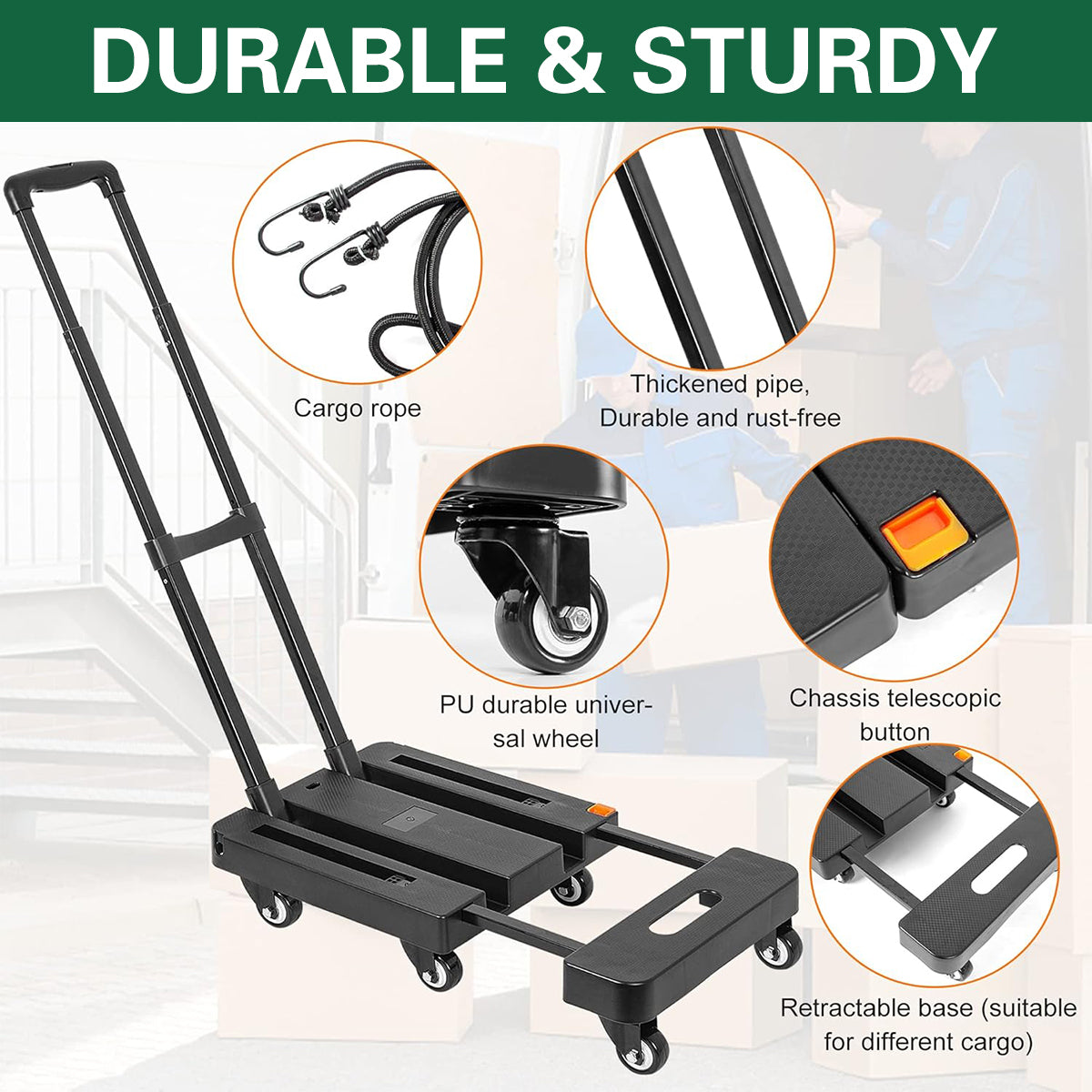 Foldable Flatbed Trolley Cart with Pull Rod and Universal Wheels 200KG