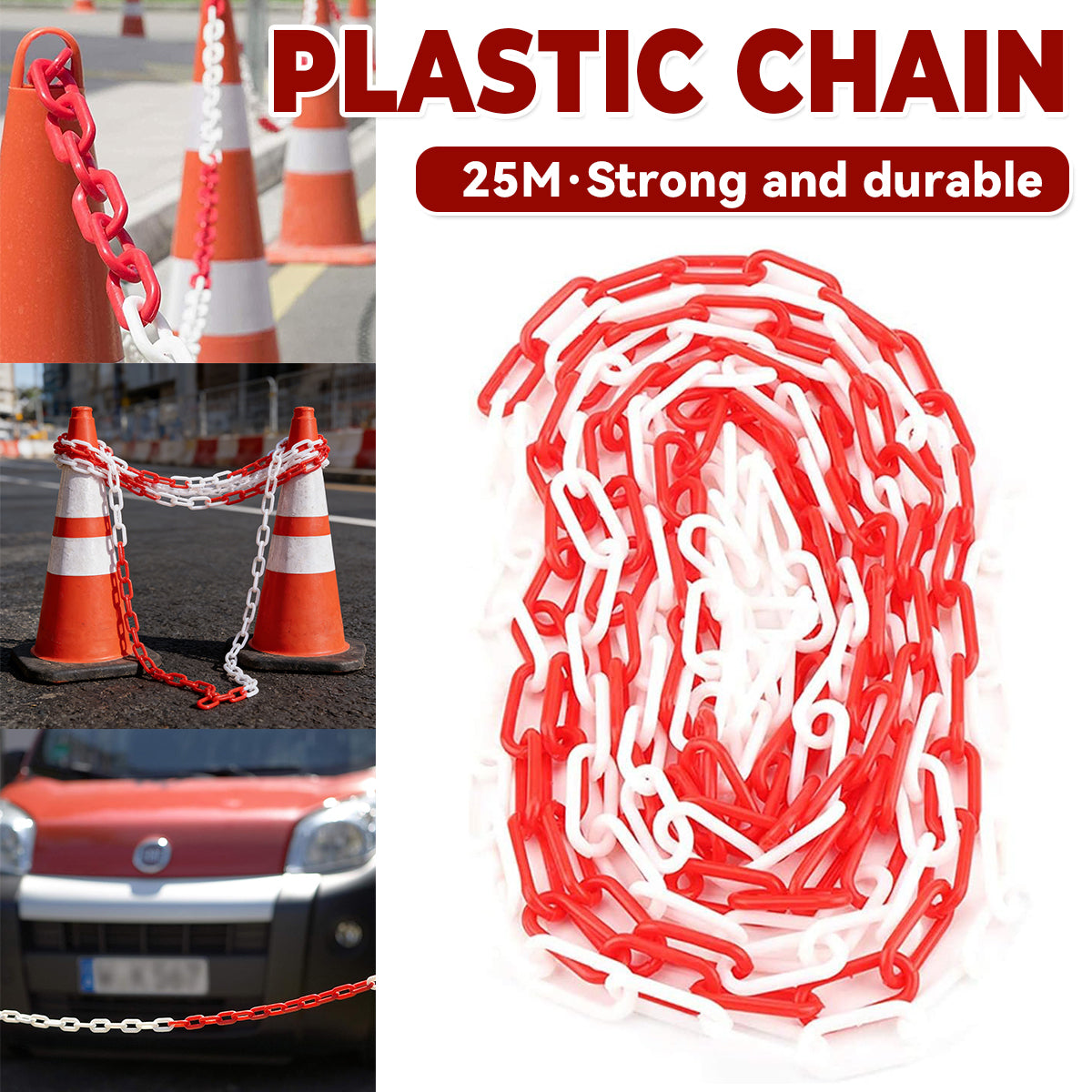 Plastic Warning Barrier Chain 25m Red White Durable Safety Control