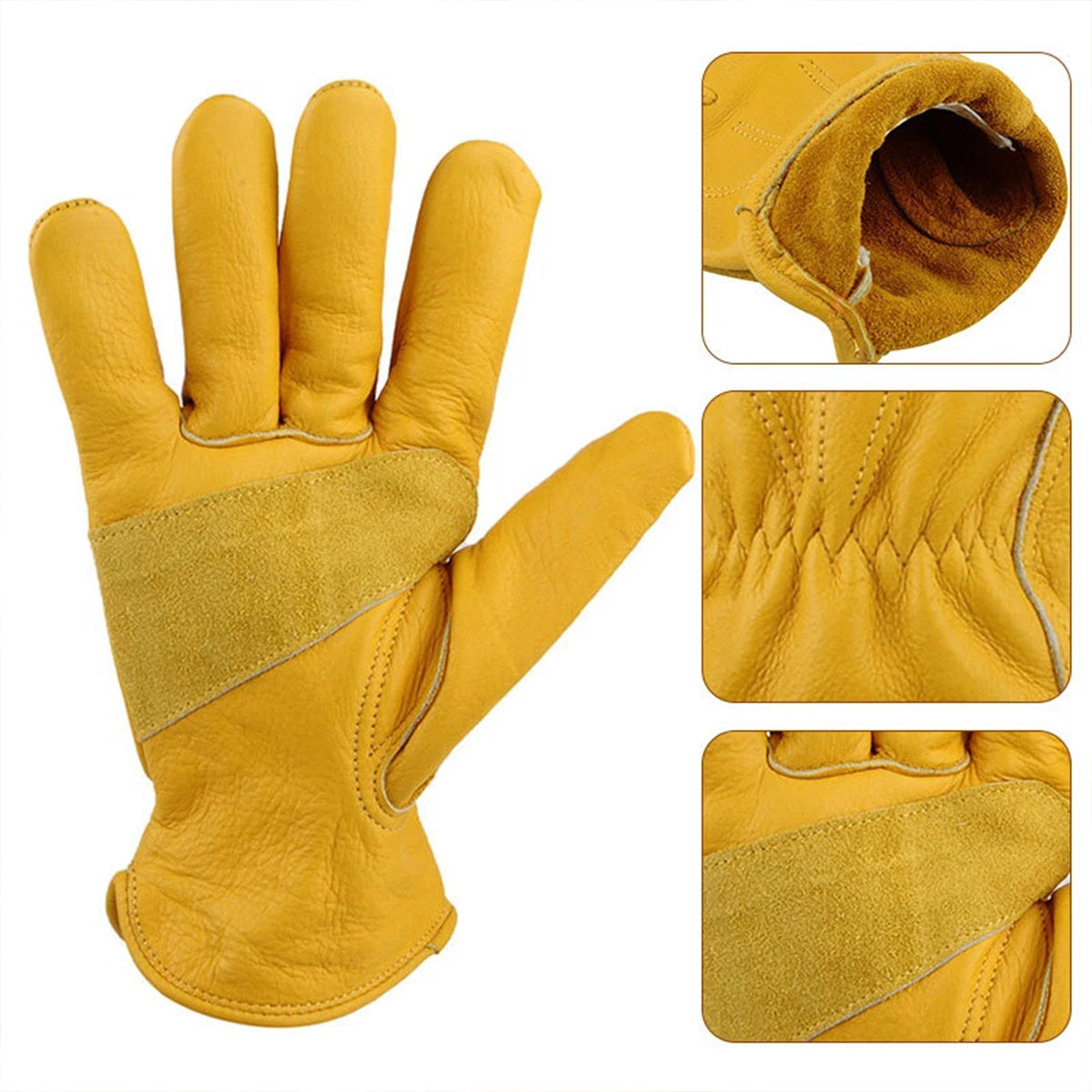 Golden Yellow Cowhide Full Finger Work Gloves for Warehouse Maintenance