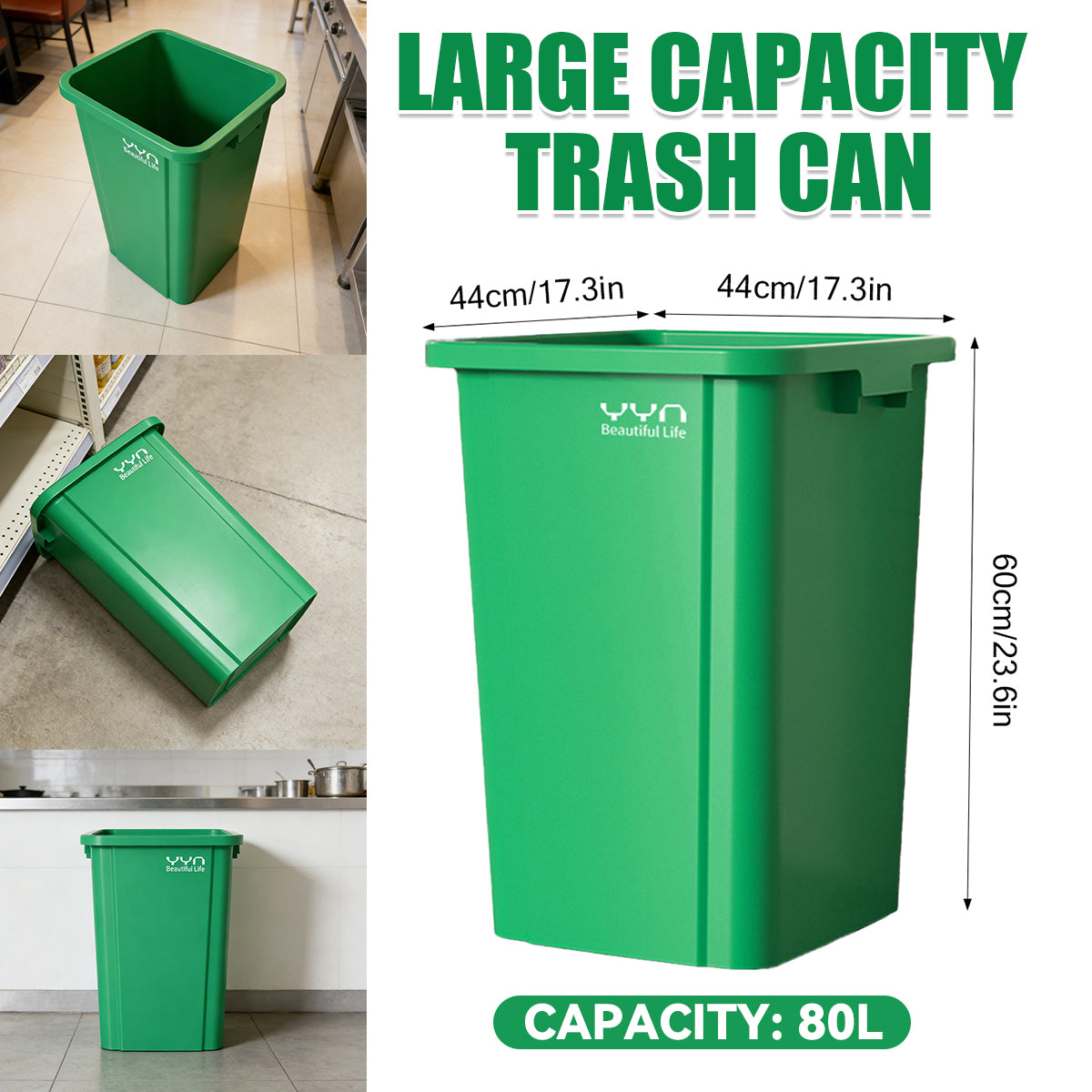 80L Square Trash Can Large Capacity Durable Open-Top Bin