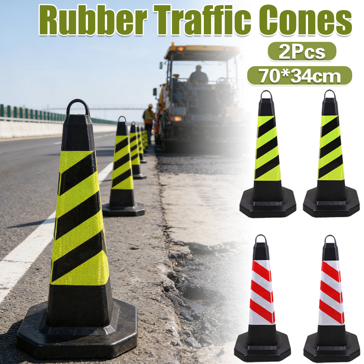 2PCS Rubber Traffic Safety Cones Flexible Reflective for Construction Sites
