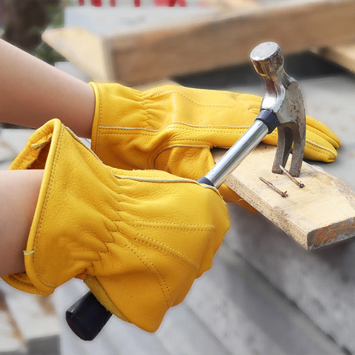 Golden Yellow Cowhide Full Finger Work Gloves for Warehouse Maintenance