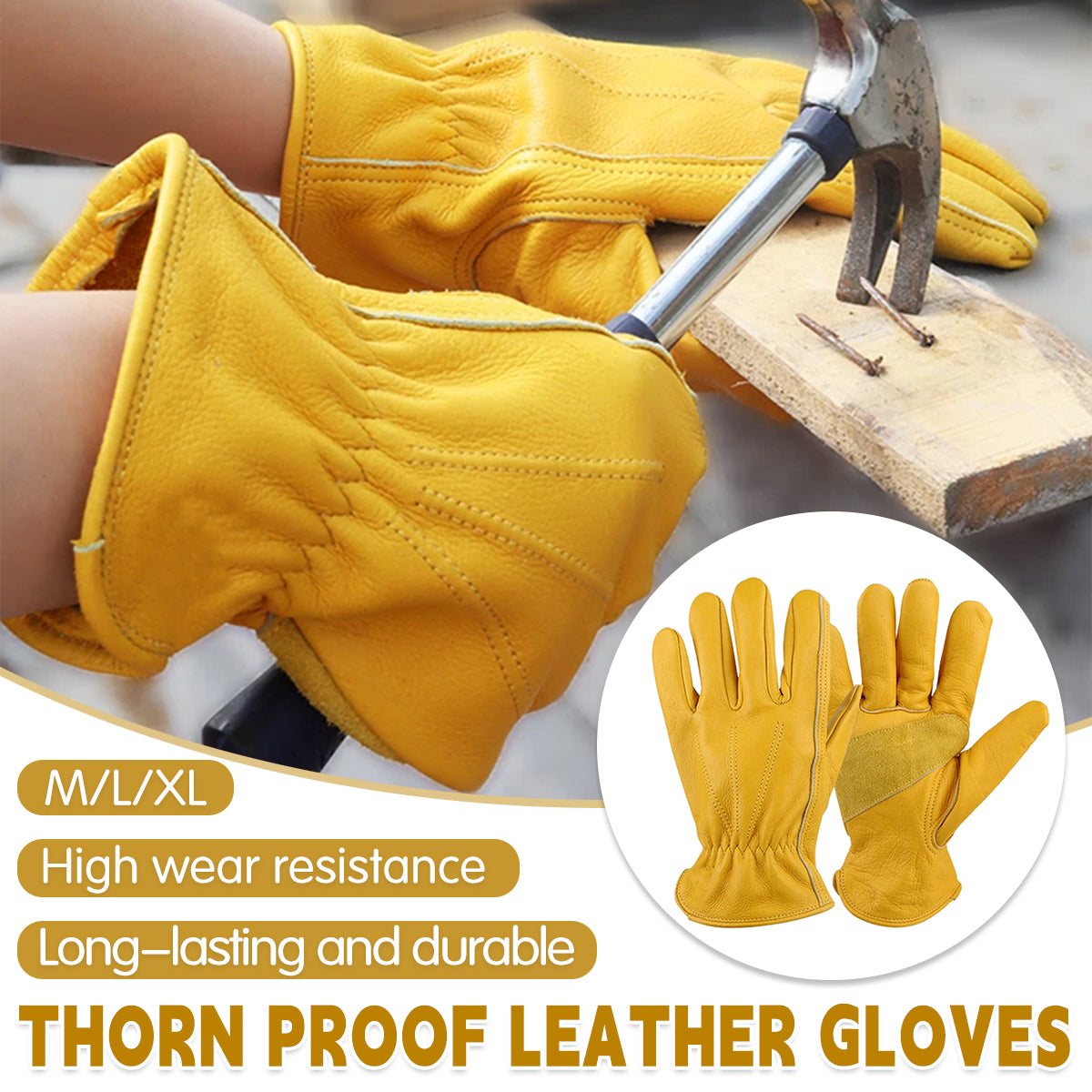 Golden Yellow Cowhide Full Finger Work Gloves for Warehouse Maintenance