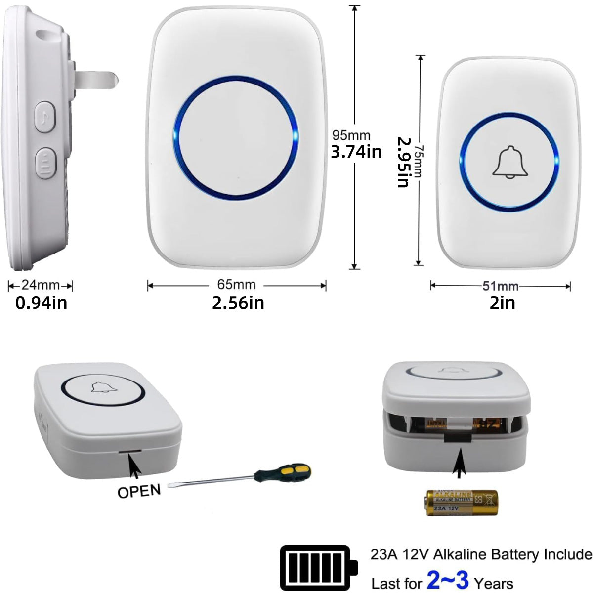 Wireless Doorbell Kit 300m Range Waterproof Call Button Plug-In Chime