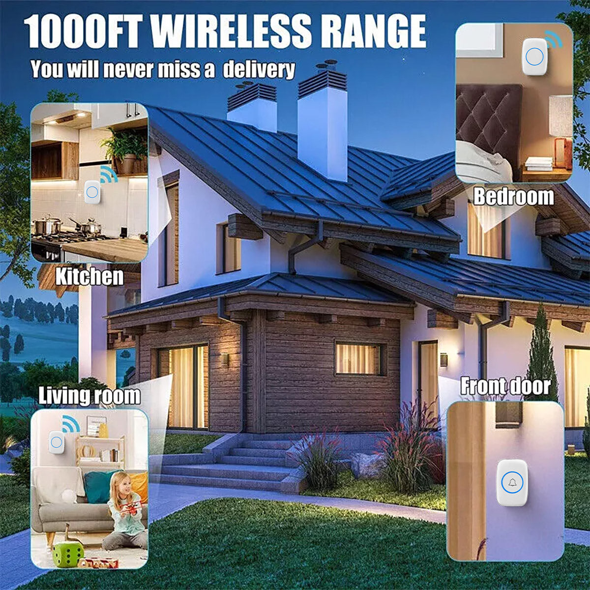 Wireless Doorbell Kit 300m Range Waterproof Call Button Plug-In Chime