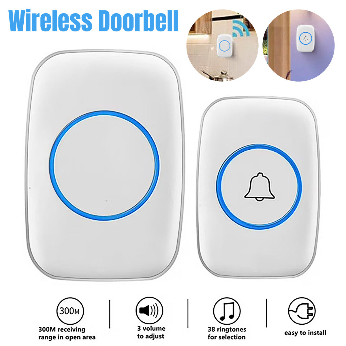 Wireless Doorbell Kit 300m Range Waterproof Call Button Plug-In Chime