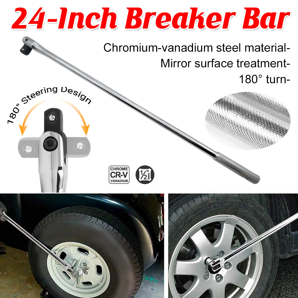24in CR-V Breaker Bar 1/2-Drive with Rotating Head for High-Torque Auto Repair
