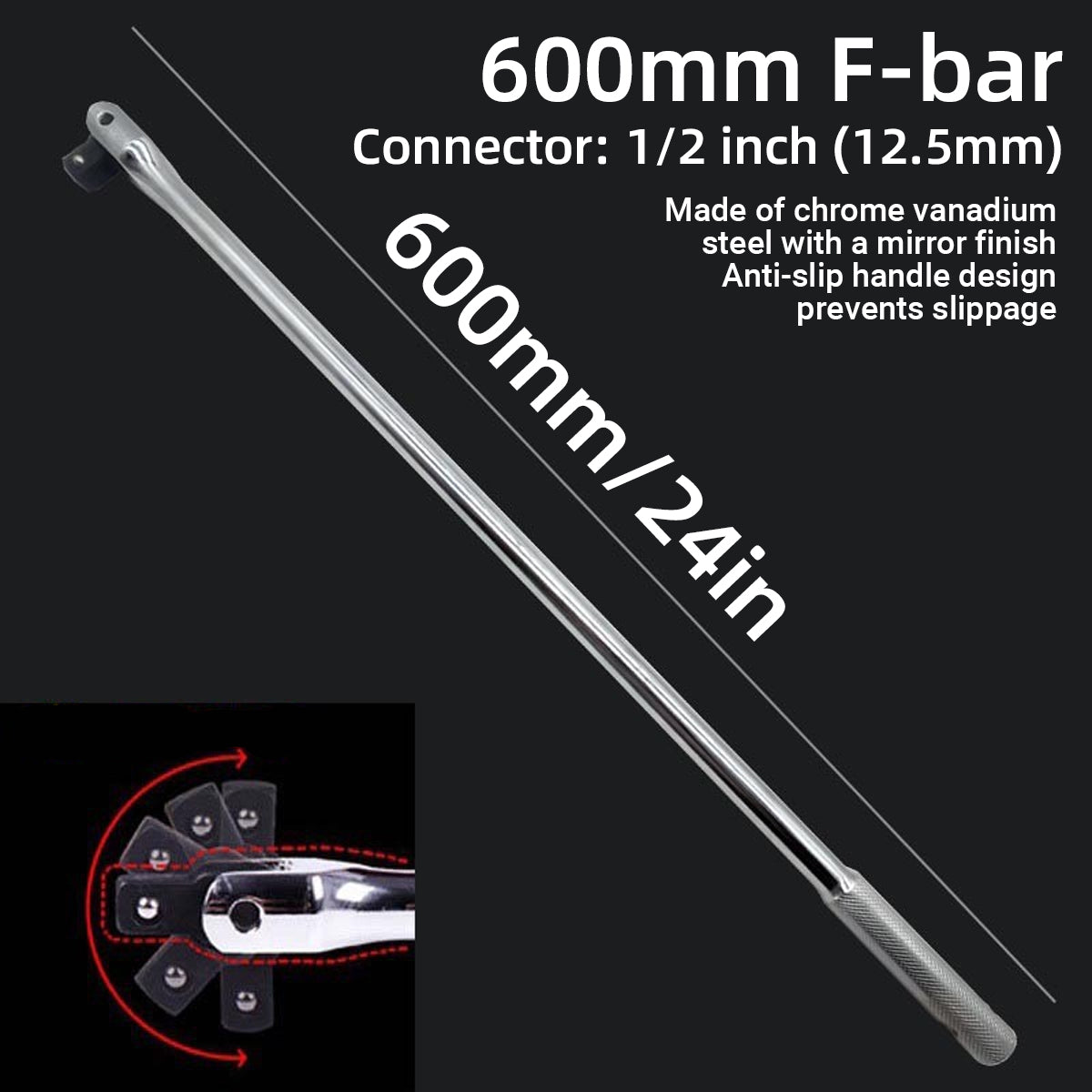 24in CR-V Breaker Bar 1/2-Drive with Rotating Head for High-Torque Auto Repair