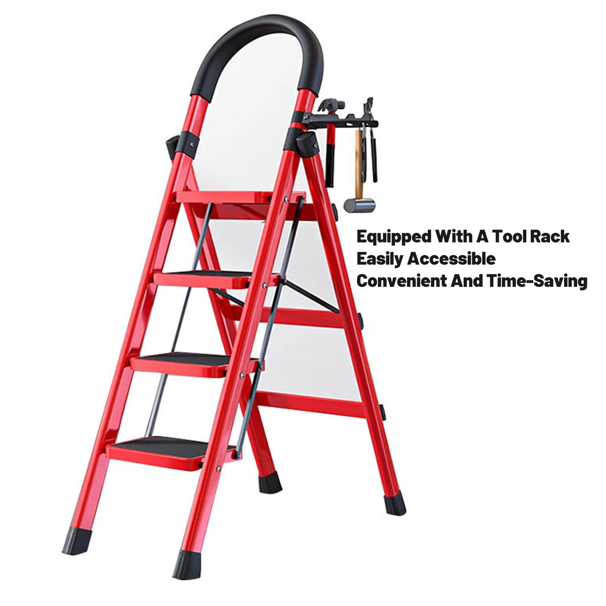 4 Step Folding Carbon Steel Heavy Duty Ladder with Tool Rack