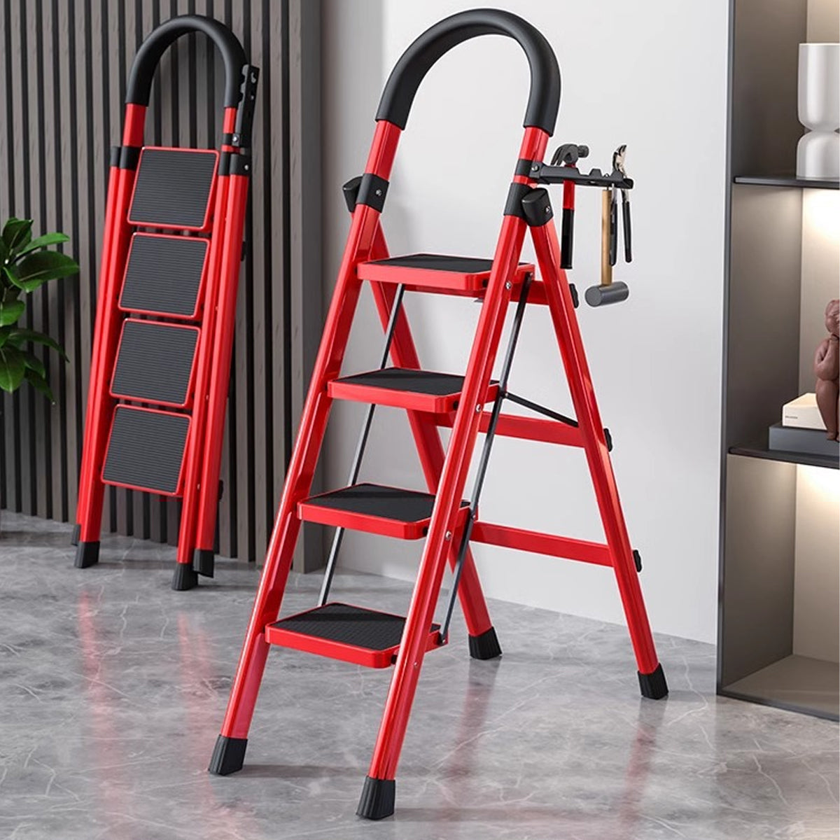 4 Step Folding Carbon Steel Heavy Duty Ladder with Tool Rack