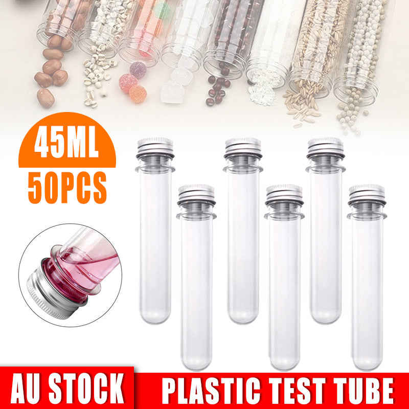 50pcs Plastic Lab Test Tubes 45ml Metal Screw Cap Round Bottom