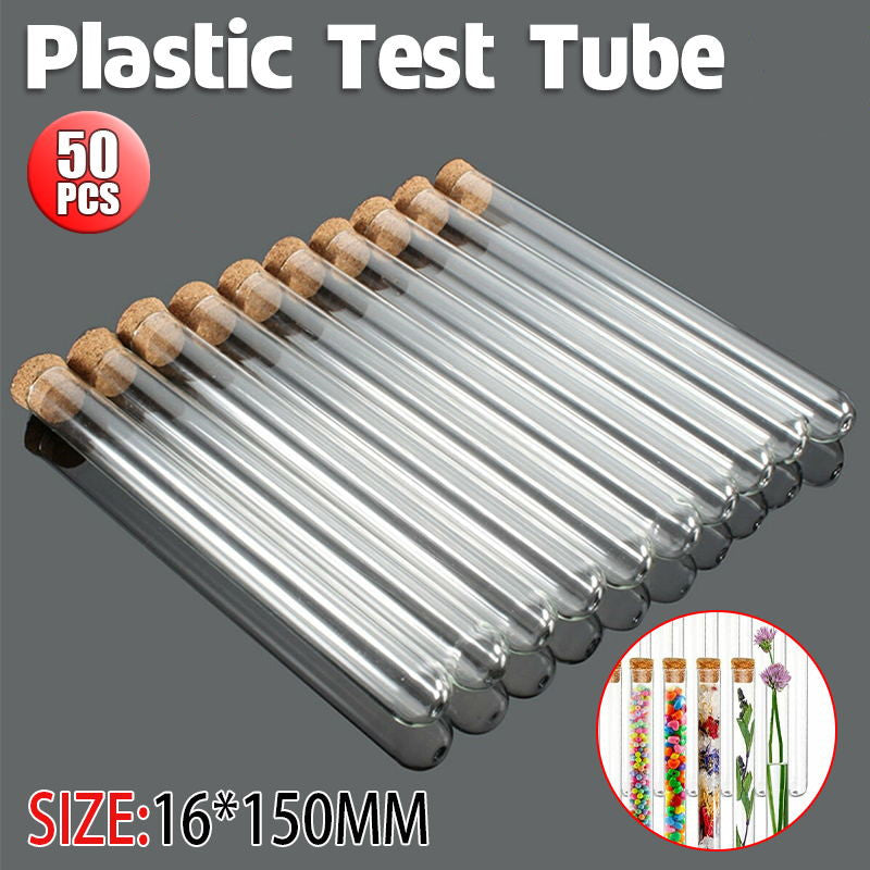 50PCS Clear Plastic Test Tubes with Cork Stopper 15ml Bottles