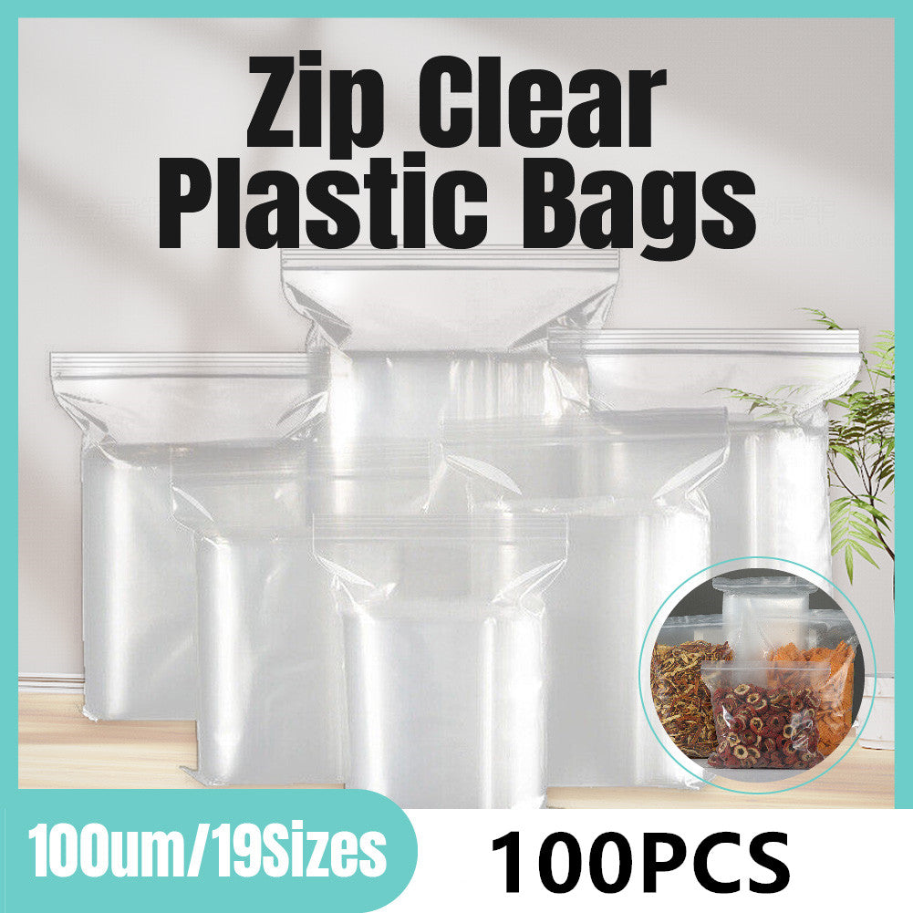 100PCS Clear Resealable Zip Bags PE Plastic 100μm Bulk Packaging