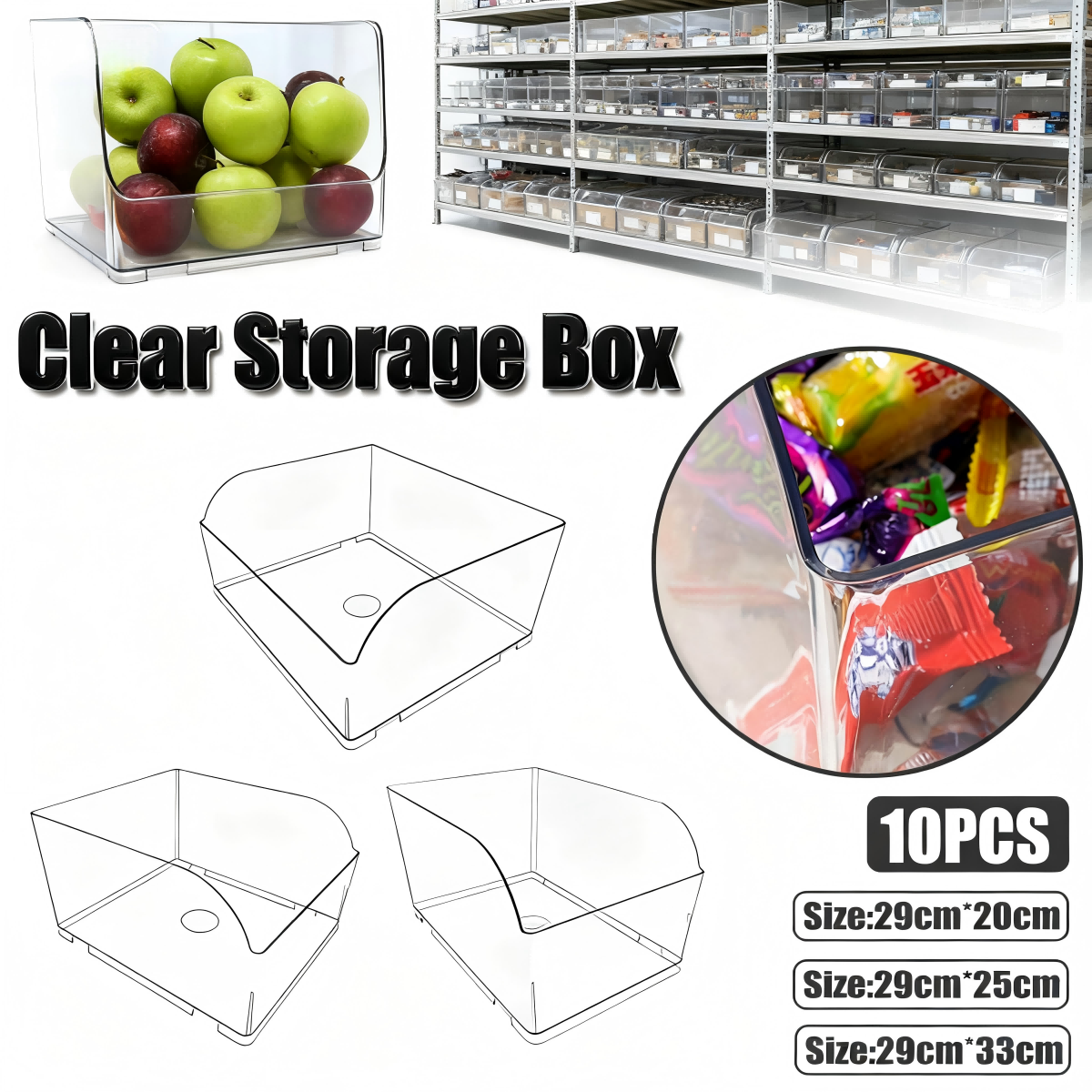 10PCS Clear Plastic Storage Boxes Food Display Organizer Set
