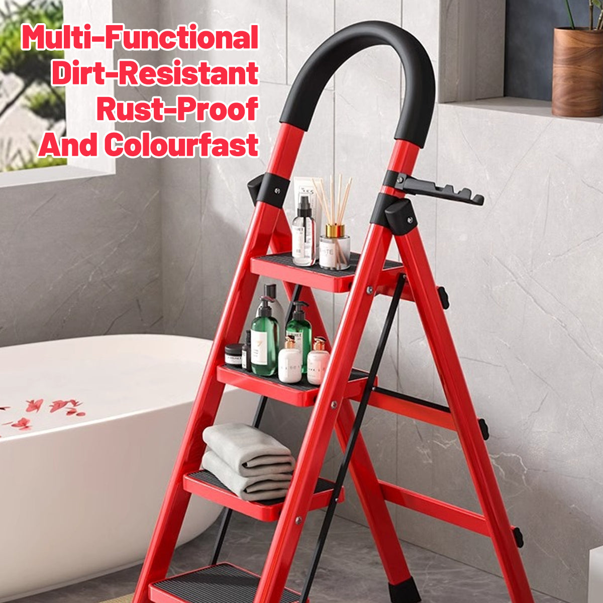 4 Step Folding Carbon Steel Heavy Duty Ladder with Tool Rack