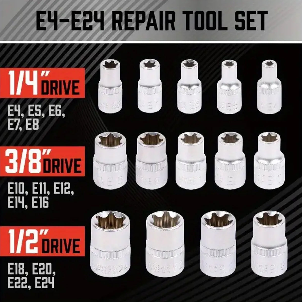 14x E Torx Female Bit Socket Set E4-E24 1/4" 3/8" 1/2"