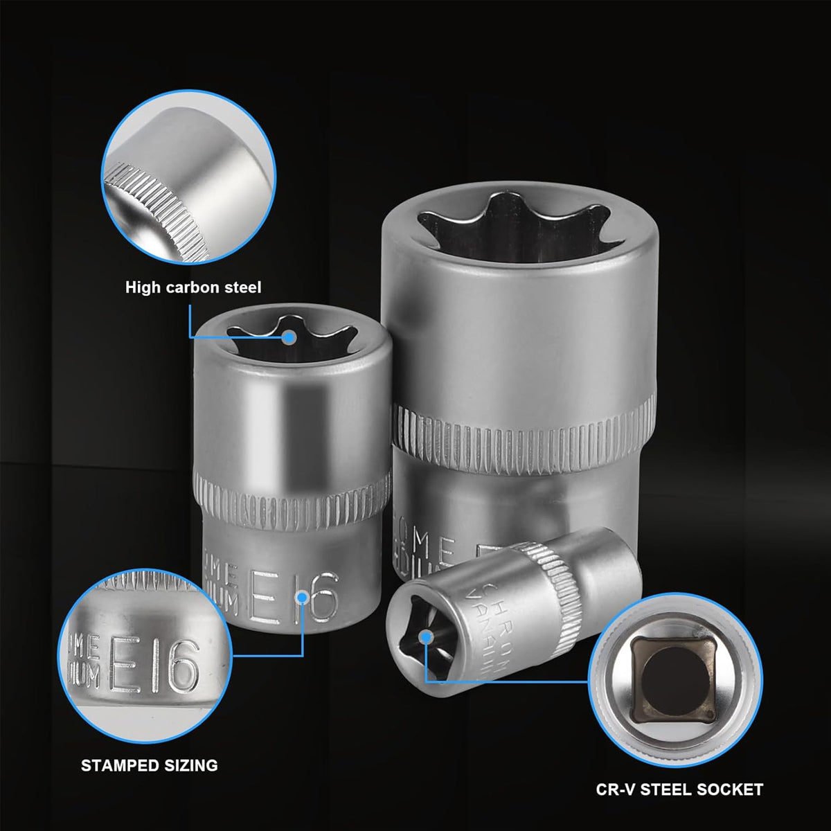 14x E Torx Female Bit Socket Set E4-E24 1/4" 3/8" 1/2"