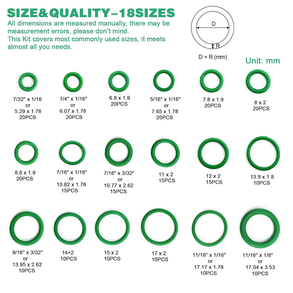 270PCS Automotive Green Rubber O-Ring Seal Repair Kit Set