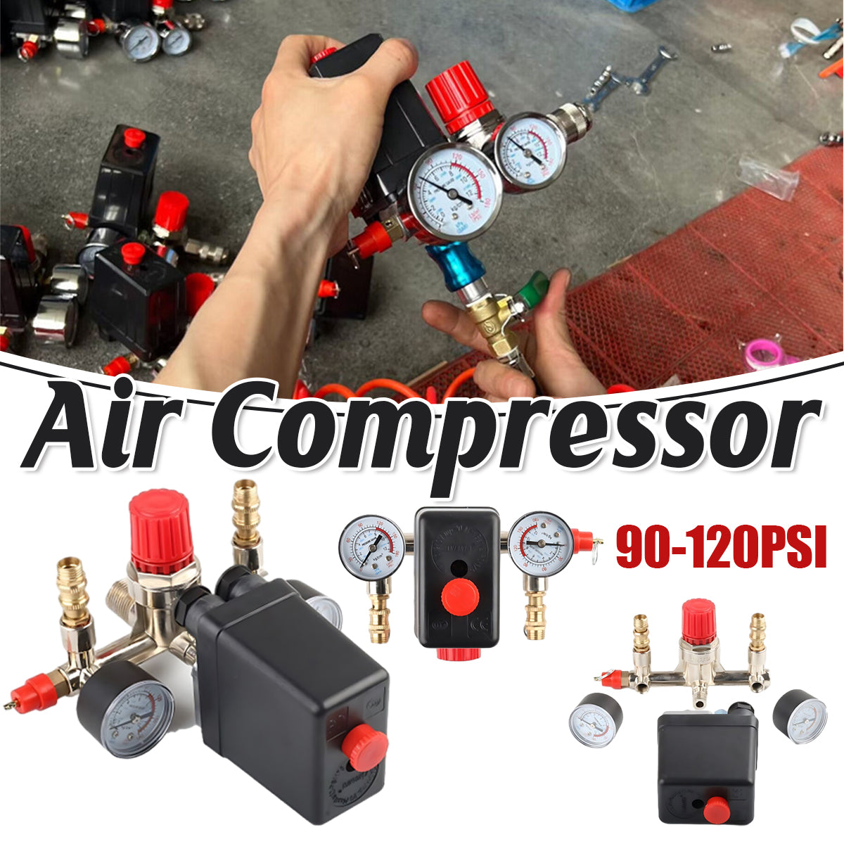 90-120PSI Air Compressor Pressure Switch Valve Manifold Regulator Gauges