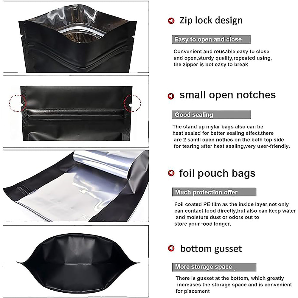 100PCS Black Aluminium Foil Resealable Food Storage Pouches