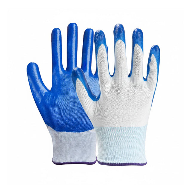 Front and back of the blue and white nitrile-coated work glove