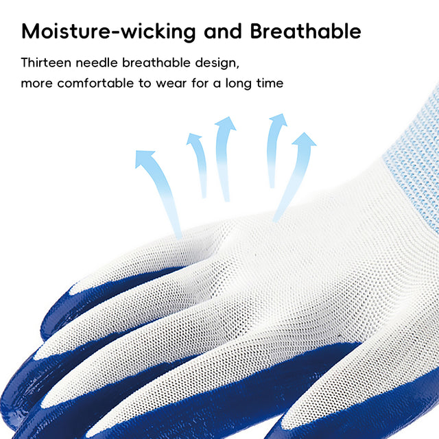 Close-up of the white mesh glove back and blue coated fingers
