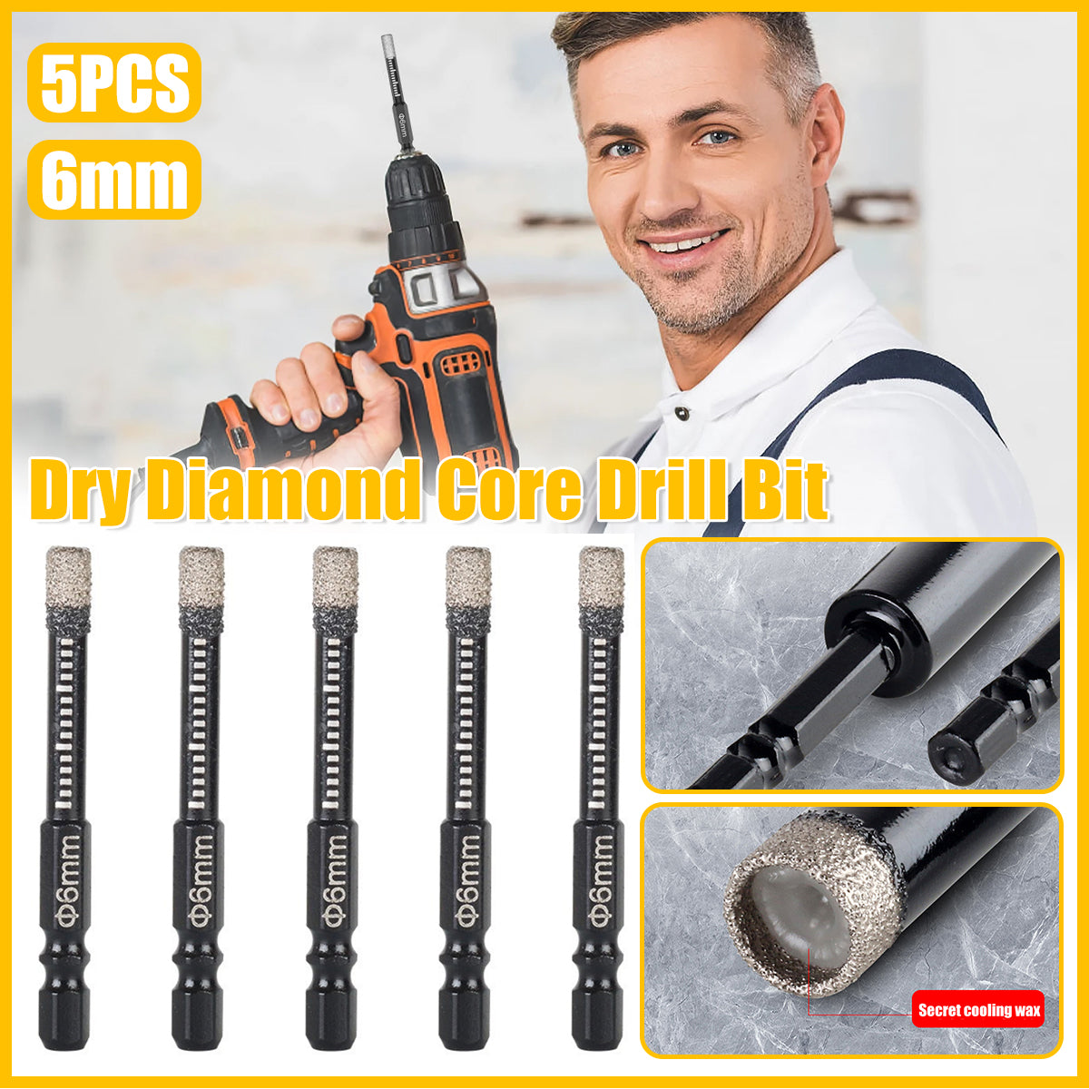 5PCS 6mm Dry Diamond Core Drill Bits for Tile Marble Granite