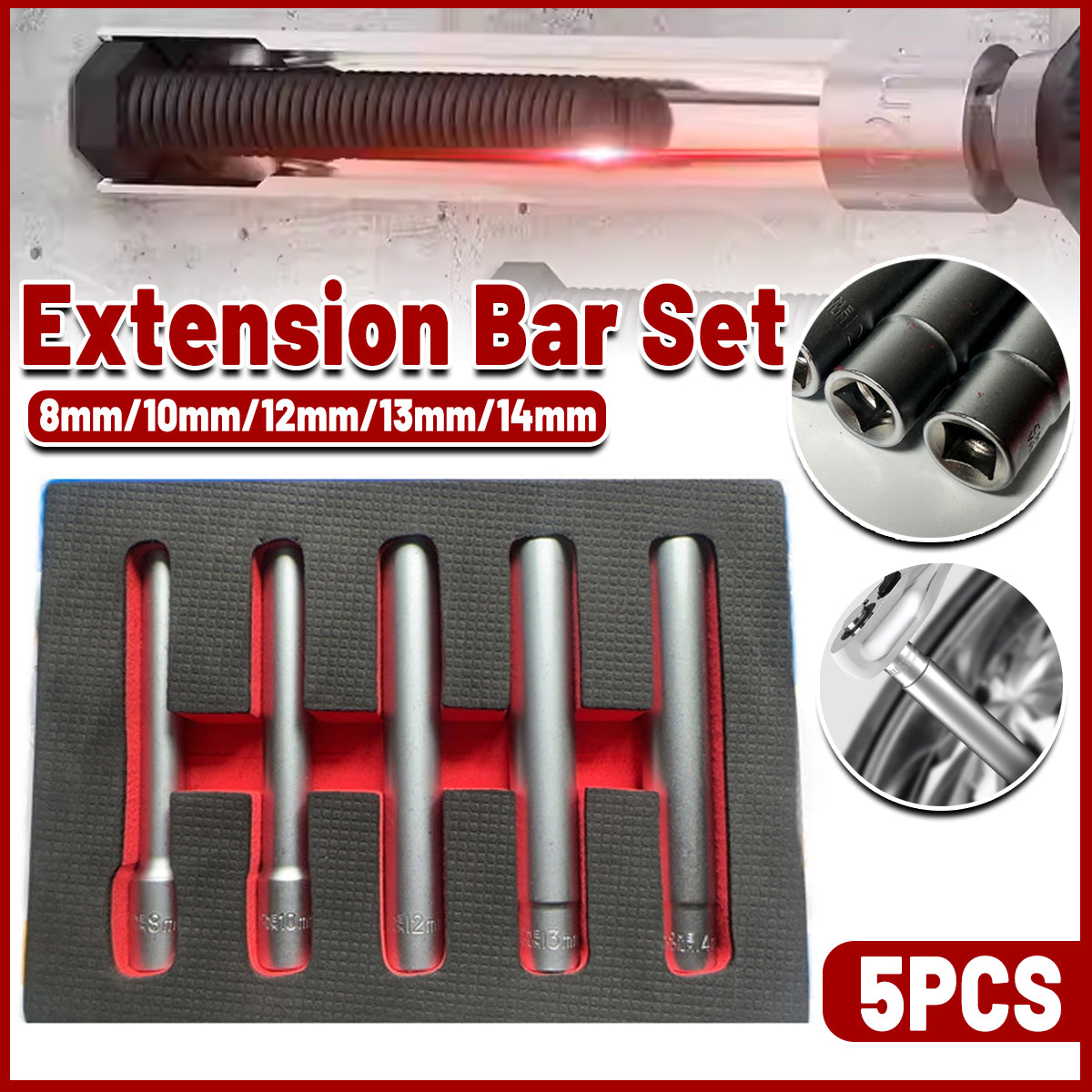 5-Piece Socket Extension Bar Set for Ratchet Wrenches 8–14 mm