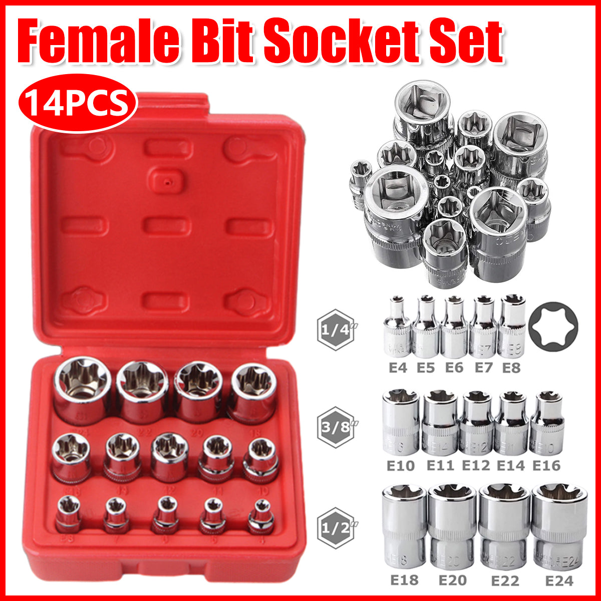 14x E Torx Female Bit Socket Set E4-E24 1/4" 3/8" 1/2"