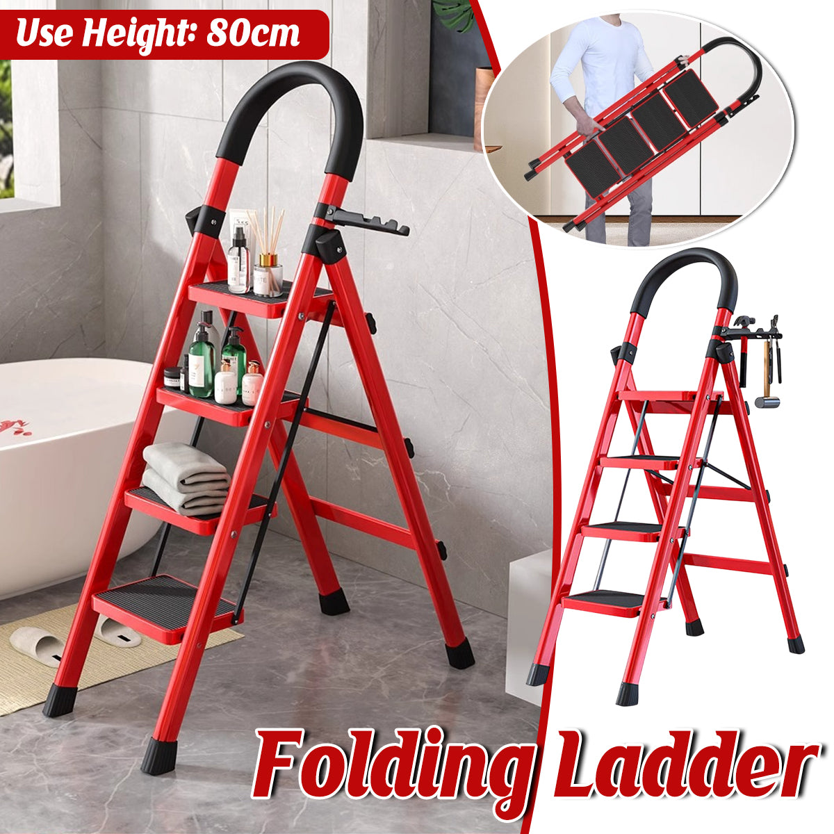4 Step Folding Carbon Steel Heavy Duty Ladder with Tool Rack