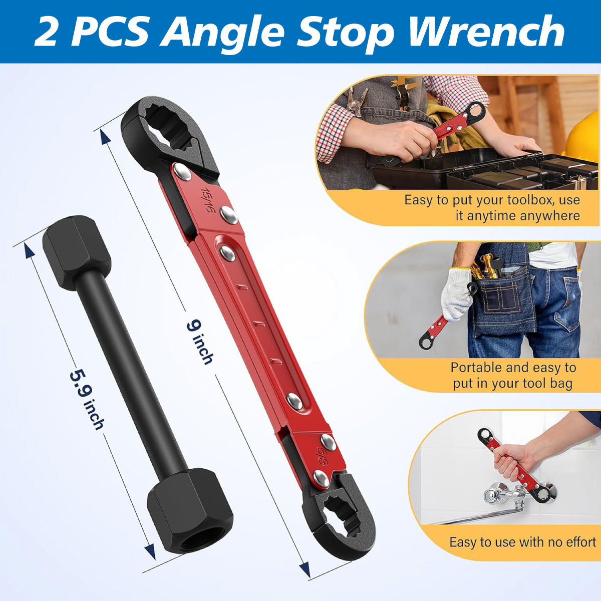 Water Pipe Repair Wrench Set with Double-Ended Faucet Wrench and Angle-Stop Extension