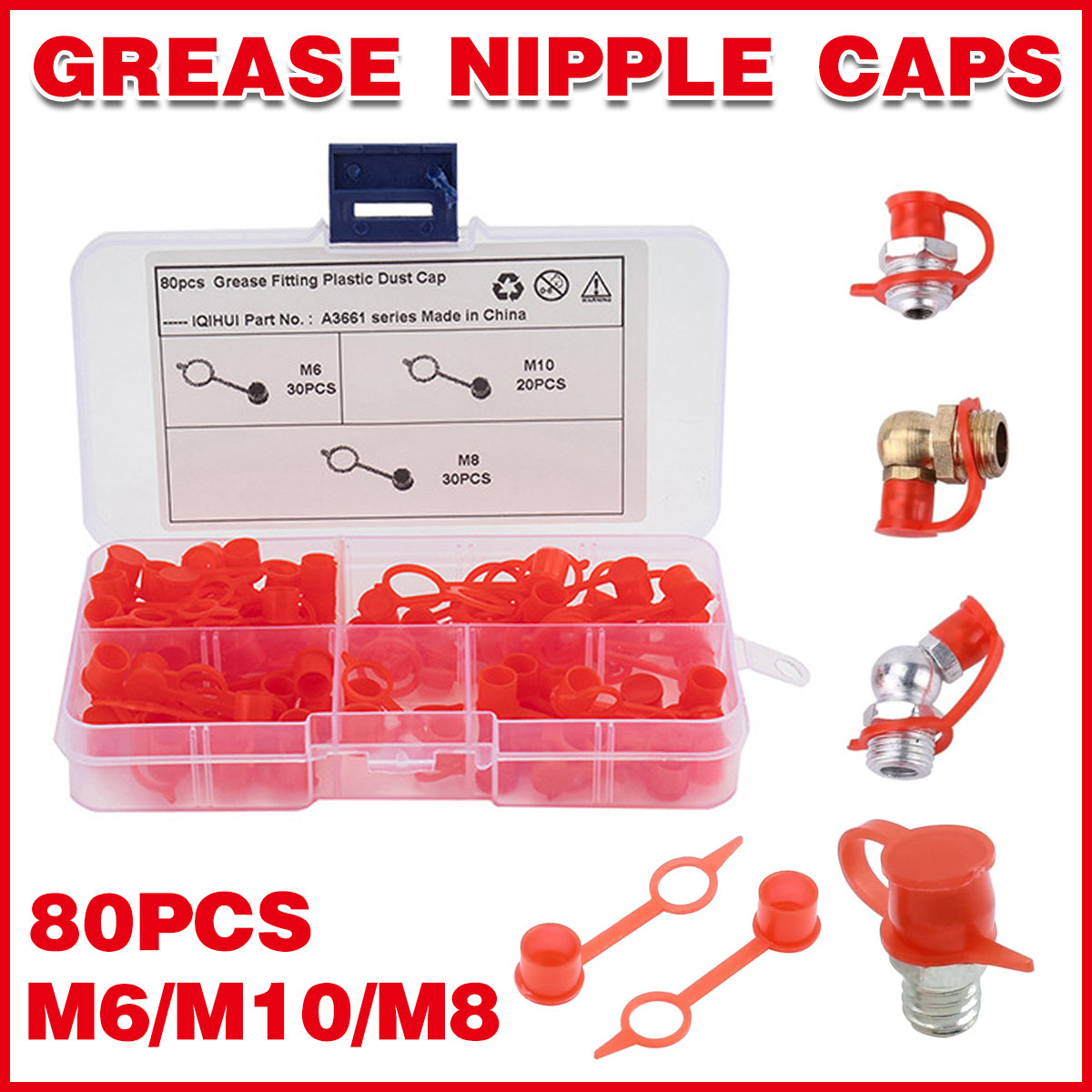 80pcs Grease Nipple Caps M6/M8/M10 Dust-Proof Oil Nozzle Covers