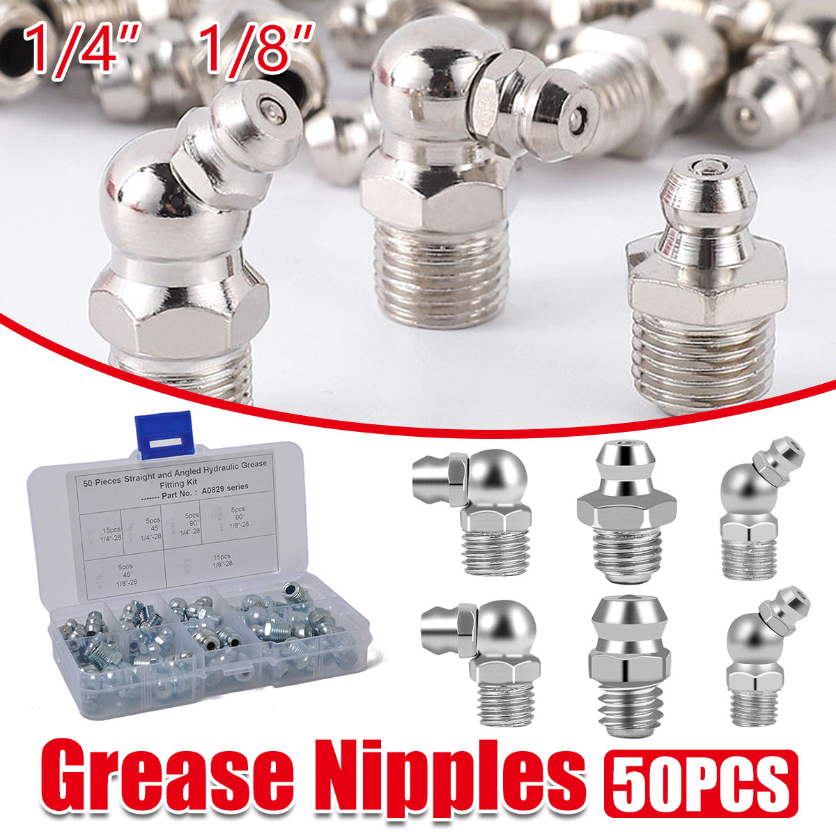 50PCS Hydraulic Grease Zerk Fittings Assortment Lubrication Kit