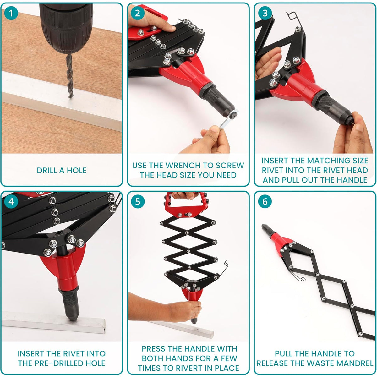 Folding Rivet Gun Tool Kit with 5 Nozzles for Metal Wood Plastic Repairs