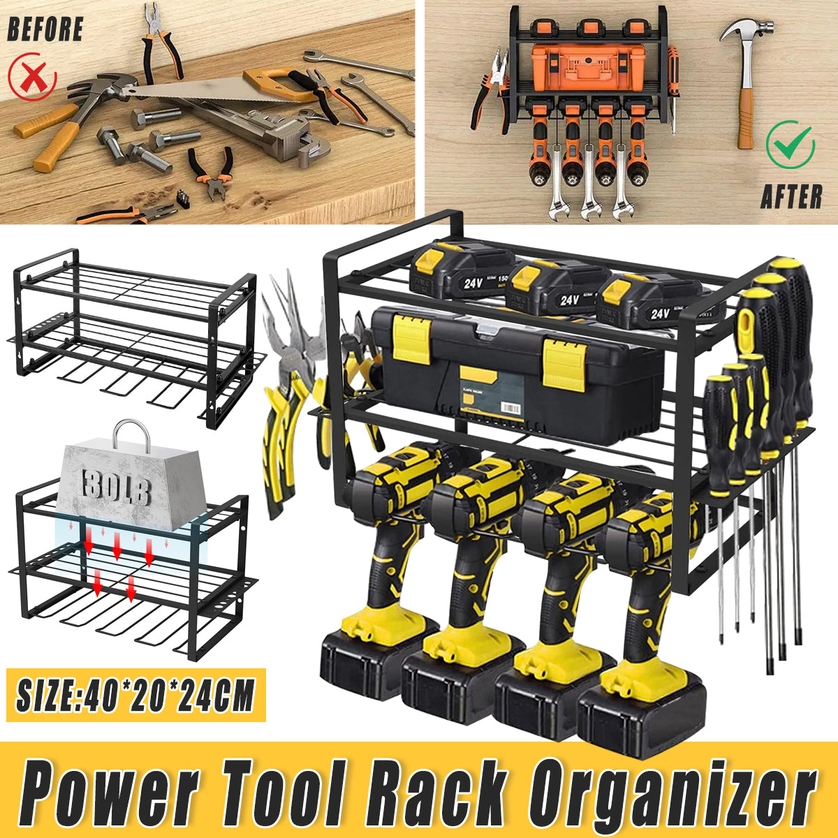Heavy Duty Wall Mount Power Tool Rack 3 Layer Organizer