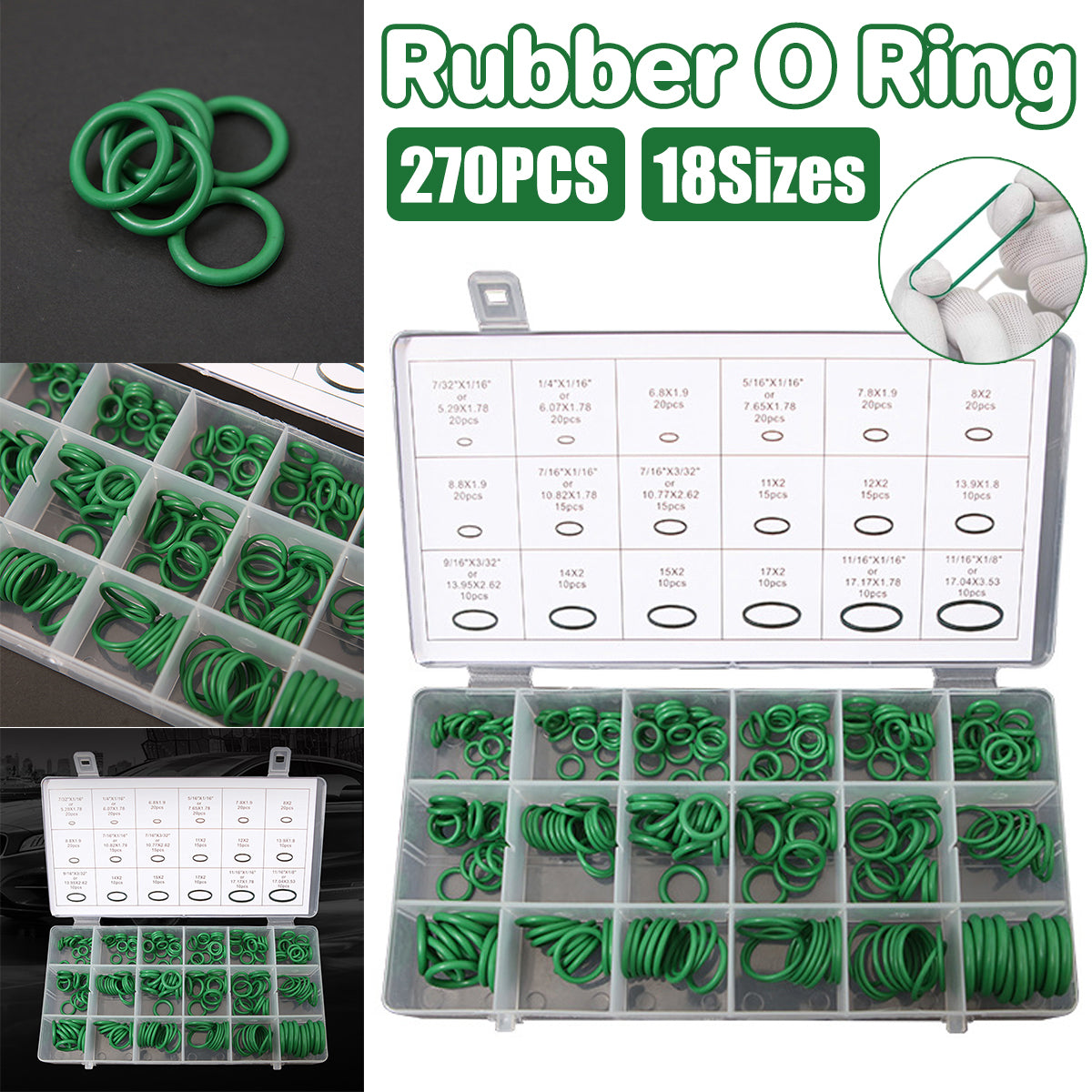 270PCS Automotive Green Rubber O-Ring Seal Repair Kit Set