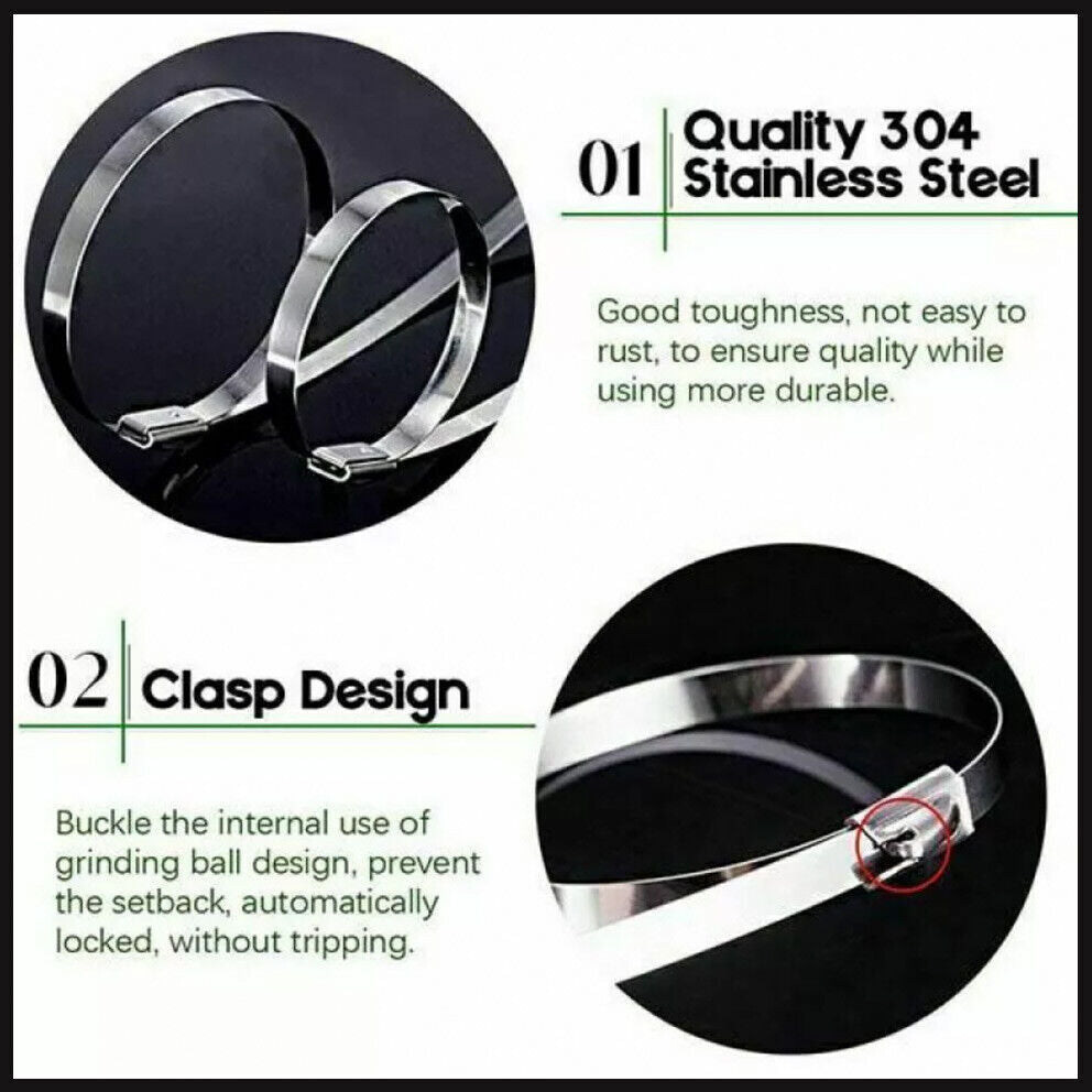 Stainless Steel Cable Ties SS304 Marine Grade Zip Strap Locking Wrap